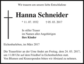Traueranzeige von Hanna Schneider  von Magdeburger Volksstimme