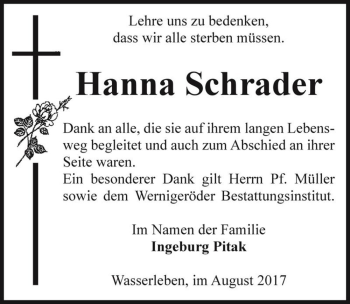 Traueranzeige von Hanna Schrader  von Magdeburger Volksstimme