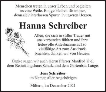 Traueranzeige von Hanna Schreiber  von Magdeburger Volksstimme