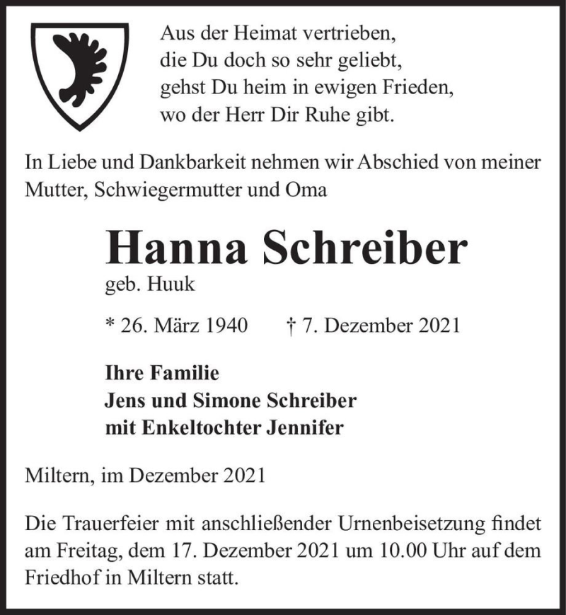  Traueranzeige für Hanna Schreiber (geb. Huuk)  vom 11.12.2021 aus Magdeburger Volksstimme