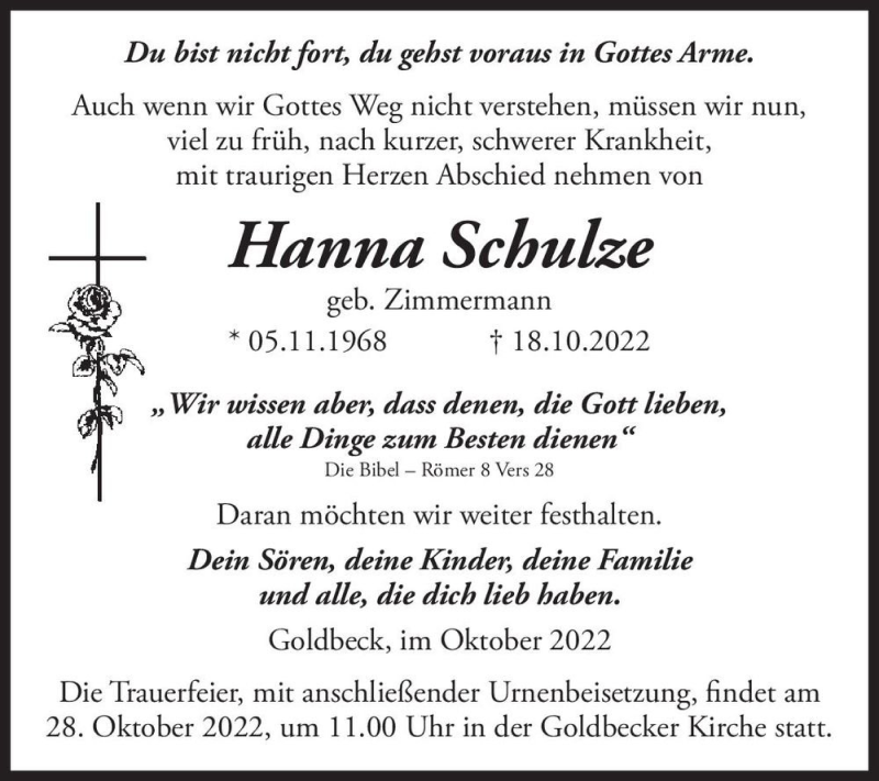  Traueranzeige für Hanna Schulze (geb. Zimmermann)  vom 25.10.2022 aus Magdeburger Volksstimme