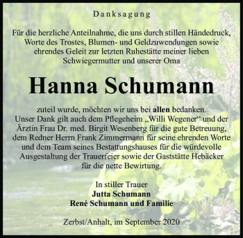Traueranzeige von Hanna Schumann  von Magdeburger Volksstimme