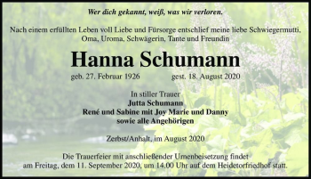 Traueranzeige von Hanna Schumann  von Magdeburger Volksstimme