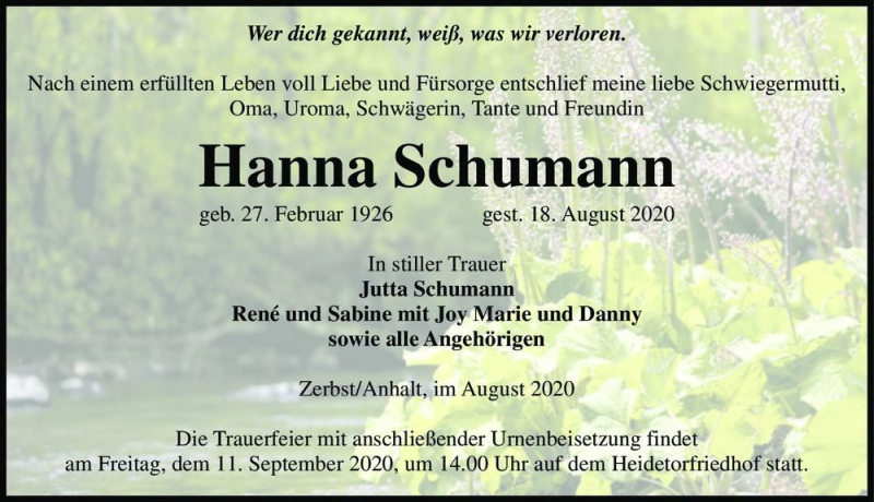  Traueranzeige für Hanna Schumann  vom 29.08.2020 aus Magdeburger Volksstimme