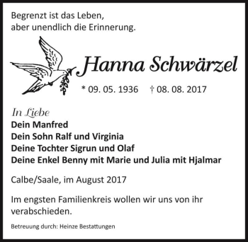 Traueranzeige von Hanna Schwärzel  von Magdeburger Volksstimme