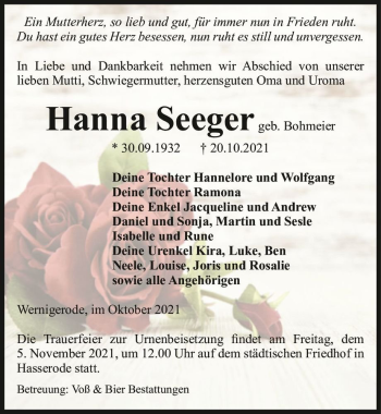 Traueranzeige von Hanna Seeger (geb. Bohmeier)  von Magdeburger Volksstimme