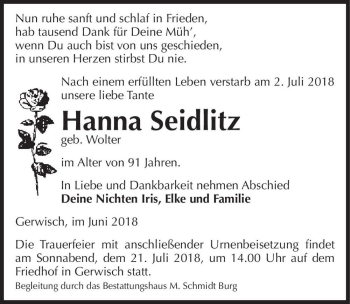 Traueranzeige von Hanna Seidlitz (geb. Wolter)  von Magdeburger Volksstimme