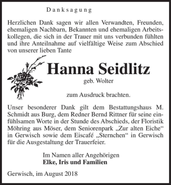 Traueranzeige von Hanna Seidlitz (geb. Wolter)  von Magdeburger Volksstimme