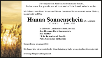 Traueranzeige von Hanna Sonnenschein (geb. Lehmann)  von Magdeburger Volksstimme