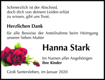 Traueranzeige von Hanna Stark  von Magdeburger Volksstimme