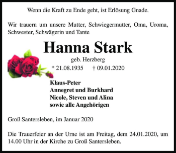 Traueranzeige von Hanna Stark (geb. Herzberg)  von Magdeburger Volksstimme