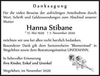 Traueranzeige von Hanna Stibane  von Magdeburger Volksstimme