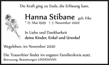Traueranzeige von Hanna Stibane (geb. Eike)  von Magdeburger Volksstimme