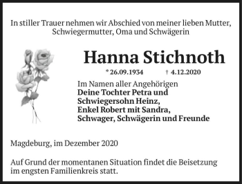 Traueranzeige von Hanna Stichnoth  von Magdeburger Volksstimme