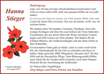 Traueranzeige von Hanna Stieger  von Magdeburger Volksstimme