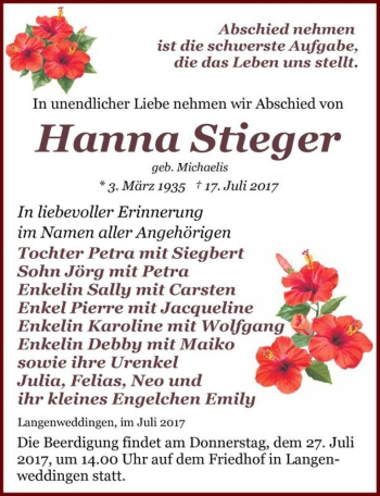 Traueranzeige von Hanna Stieger (geb. Michaelis)  von Magdeburger Volksstimme