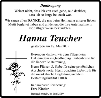 Traueranzeige von Hanna Teucher  von Magdeburger Volksstimme
