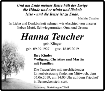 Traueranzeige von Hanna Teucher (geb. Klinger)  von Magdeburger Volksstimme