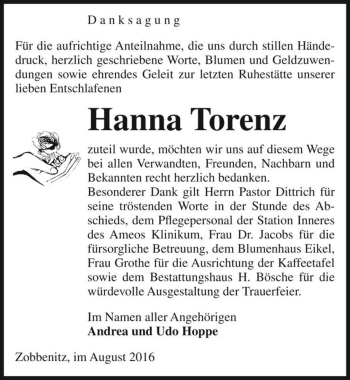 Traueranzeige von Hanna Torenz  von Magdeburger Volksstimme