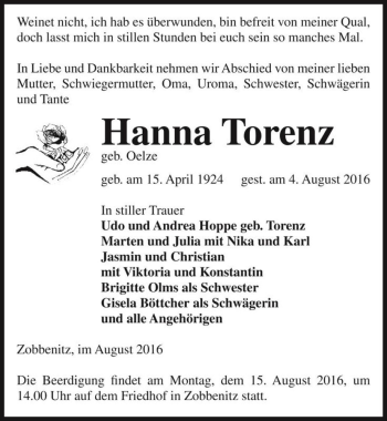 Traueranzeige von Hanna Torenz (geb. Oelze)  von Magdeburger Volksstimme