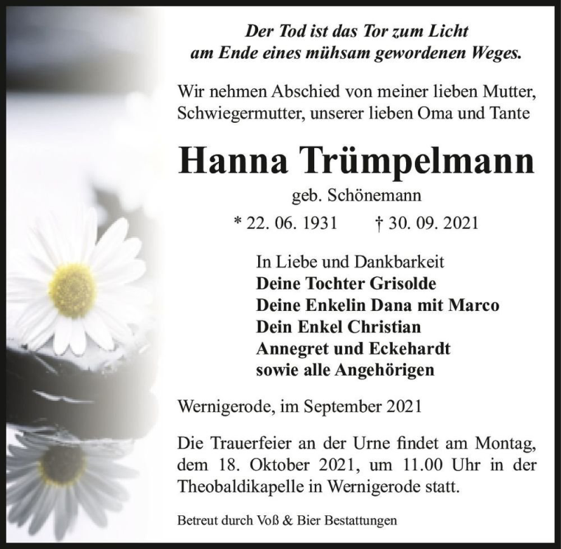  Traueranzeige für Hanna Trümpelmann (geb. Schönemann)  vom 02.10.2021 aus Magdeburger Volksstimme