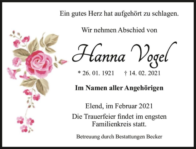  Traueranzeige für Hanna Vogel  vom 20.02.2021 aus Magdeburger Volksstimme