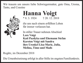 Traueranzeige von Hanna Voigt  von Magdeburger Volksstimme