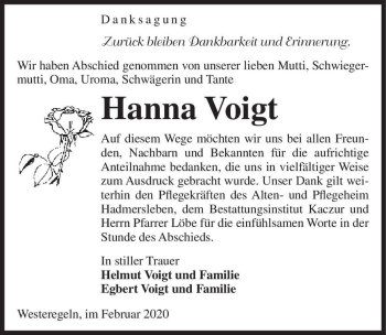 Traueranzeige von Hanna Voigt  von Magdeburger Volksstimme