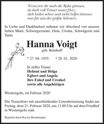 Traueranzeige von Hanna Voigt (geb. Beinhoff)  von Magdeburger Volksstimme
