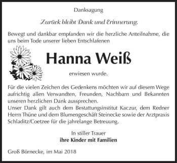 Traueranzeige von Hanna Weiß  von Magdeburger Volksstimme