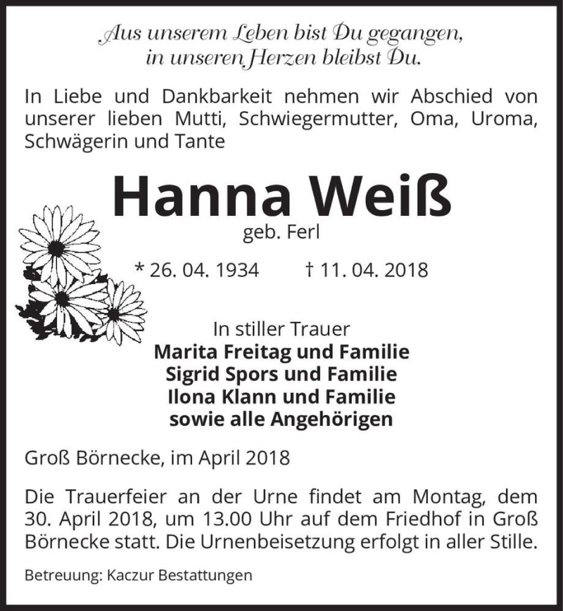  Traueranzeige für Hanna Weiß (geb. Ferl)  vom 14.04.2018 aus Magdeburger Volksstimme