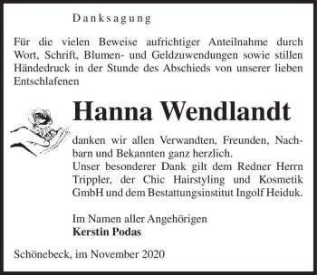 Traueranzeige von Hanna Wendlandt  von Magdeburger Volksstimme