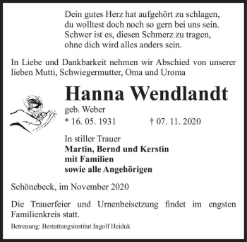 Traueranzeige von Hanna Wendlandt (geb. Weber)  von Magdeburger Volksstimme