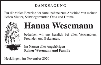 Traueranzeige von Hanna Wesemann  von Magdeburger Volksstimme