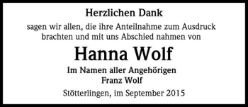 Traueranzeige von Hanna Wolf  von Magdeburger Volksstimme