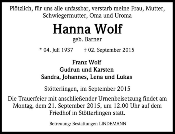 Traueranzeige von Hanna Wolf  (geb. Barner)  von Magdeburger Volksstimme