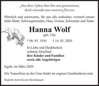 Traueranzeige von Hanna Wolf (geb. Uhe)  von Magdeburger Volksstimme