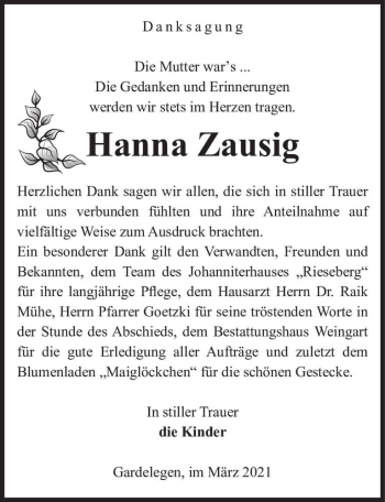 Traueranzeige von Hanna Zausig  von Magdeburger Volksstimme