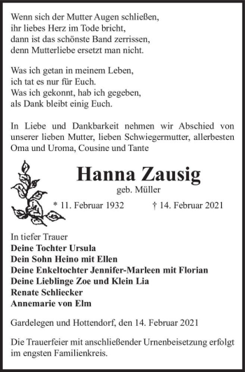 Traueranzeige von Hanna Zausig (geb. Müller)  von Magdeburger Volksstimme