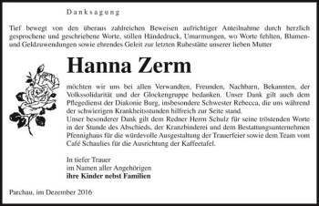 Traueranzeige von Hanna Zerm  von Magdeburger Volksstimme