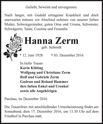 Traueranzeige von Hanna Zerm (geb. Schmidt)  von Magdeburger Volksstimme
