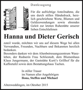 Traueranzeige von Hanna und Dieter Gerisch  von Magdeburger Volksstimme