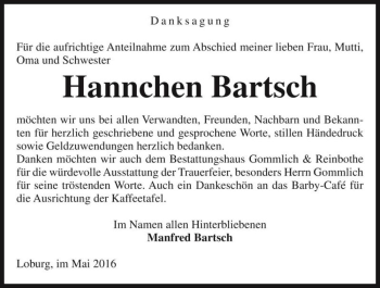 Traueranzeige von Hannchen Bartsch  von Magdeburger Volksstimme
