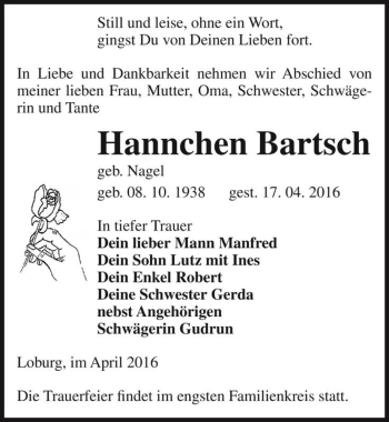 Traueranzeige von Hannchen Bartsch (geb. Nagel)  von Magdeburger Volksstimme