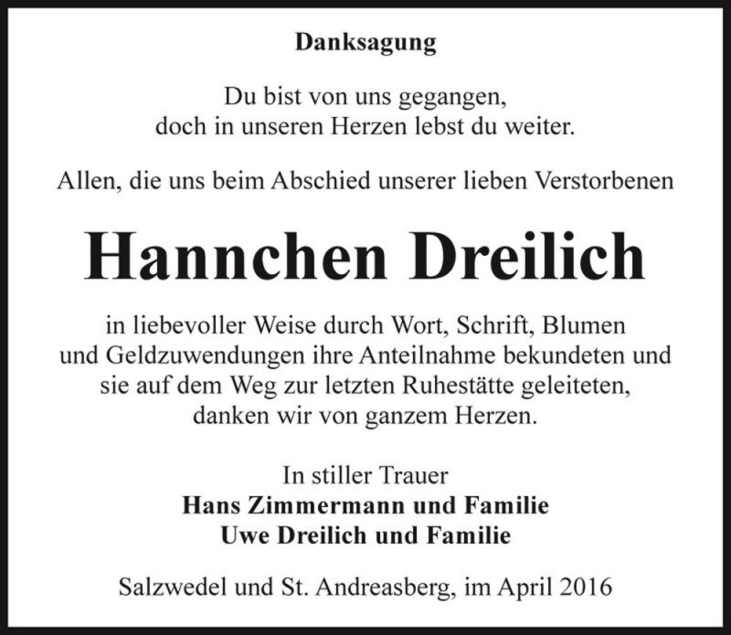  Traueranzeige für Hannchen Dreilich  vom 30.04.2016 aus Magdeburger Volksstimme