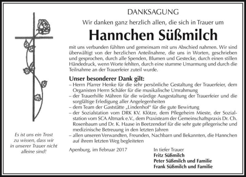  Traueranzeige für Hannchen Süßmilch  vom 10.02.2017 aus Magdeburger Volksstimme