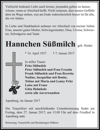 Traueranzeige von Hannchen Süßmilch (geb. Henke)  von Magdeburger Volksstimme