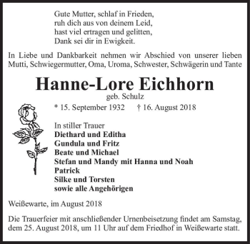 Traueranzeige von Hanne-Lore Eichhorn (geb. Schulz)  von Magdeburger Volksstimme