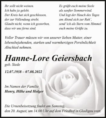 Traueranzeige von Hanne-Lore Geiersbach (geb. Siede)  von Magdeburger Volksstimme
