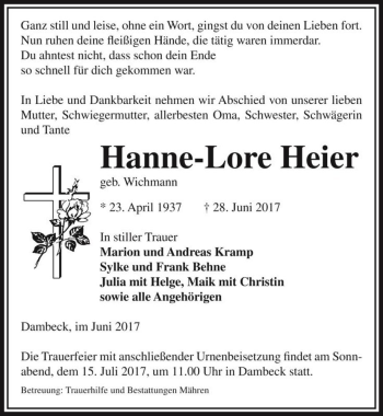Traueranzeige von Hanne-Lore Heier (geb. Wichmann)  von Magdeburger Volksstimme